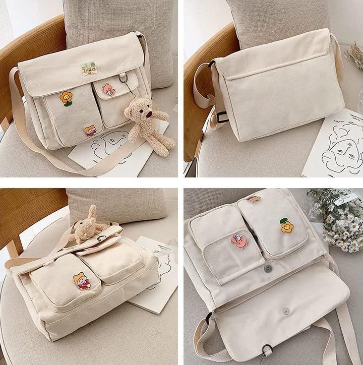 PRAGARI Canvas Crossbody Bag Messenger Cute Bag with Pins and Pendant for Women Girls Casual Shoulder Aesthetic School bag - Image 3